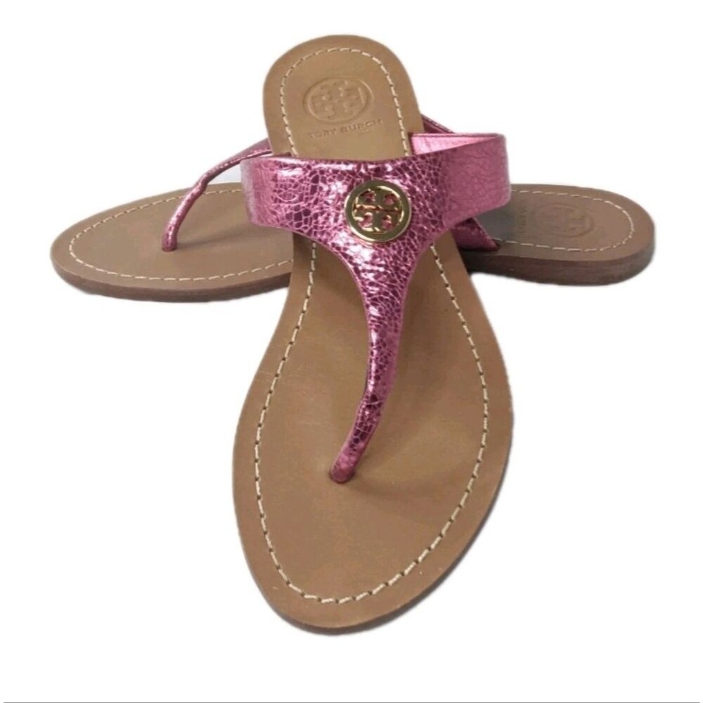 Tory Burch Cameron Leather Thong Sandals Women's Size 6 M Metallic Pink Leather